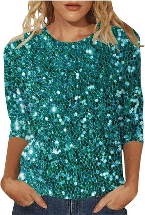 Generic Womens Sparkly Tops 3/4 Sleeve Ladies Evening Tops Plus Size Evening Tops Party Tops Glitter Tops Long Sleeve Sequin Top Sparkly Tops Party Clothes Cl