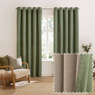 furn. Verso Suede-Look 100% Blackout Eyelet Curtain Pair in Green | Size: 168 cm width x 229 cm drop