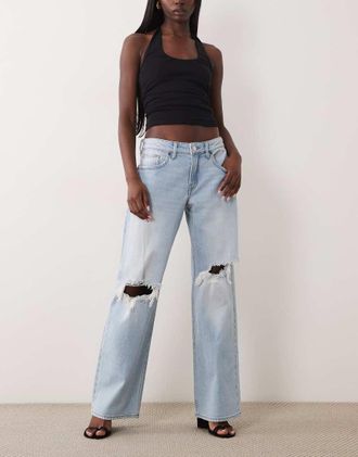 Good American Jeans ampi a vita bassa con strappi lavaggio azzurro-Blu