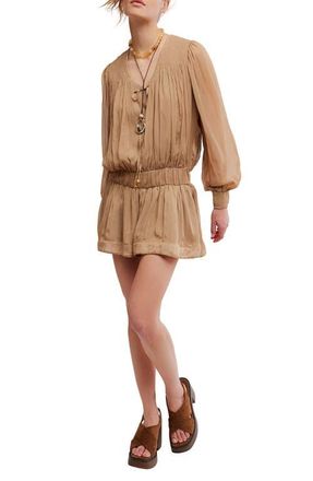 Free People Sunbeam Long Sleeve Cotton Blend Minidress in Tannin at Nordstrom, Size X-Large
