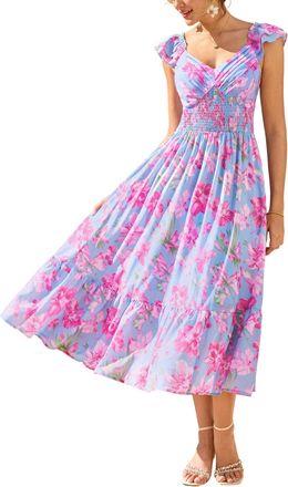 Grace Karin A-Line Summer Dresses for Women UK, Ruffle Sleeves V-Neck Smocked Floral Dress, Beach Maxi Dresses for Women UK Blue-Pink Floral XXL