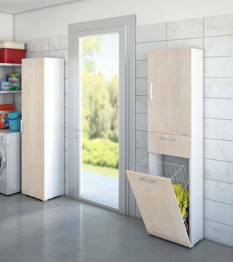 Dmora Dmora - Armario Multiusos Dcosim, Mueble Lavadero Lineal Con 2 Puertas, Columna De Ba&ntilde;o Con Cesto De Ropa, 100% Made In Italy, 45x32h195 Cm, Roble Y B