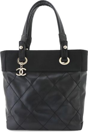 Chanel Paris Biarritz Black Nylon Pvc Leather Handbag Tote Bag (Pre-Owned)