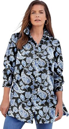 Roaman's Kate Long-Sleeve Crisp Cotton-Blend Button-Front Tunic in Black Blue Paisley at Nordstrom, Size 36