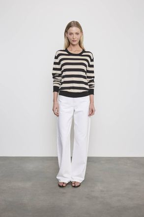 Enza Costa Stripe Silk Knit Crew Top In Black Wheat Stripes