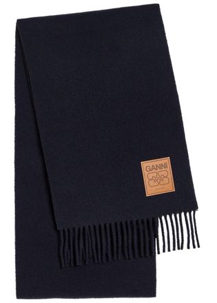 Ganni Designer-appliqu&eacute; Fringed Wool Scarf - Black - One Size