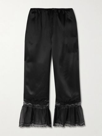 Saint Laurent Pantaloni A Gamba Larga In Raso Di Seta Con Finiture In Pizzo E Ruches - Nero