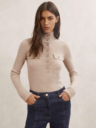 Reiss Neutral Wool Funnel-neck Half-button Jumper, XS