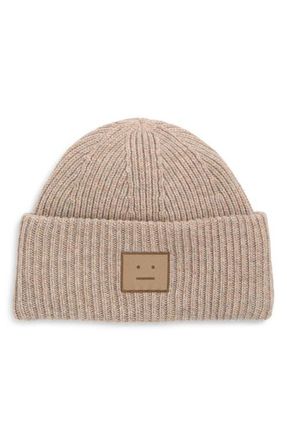 Acne Studios Pana Face Patch Wool & Yak Hair Blend Rib Beanie in Greige Melange at Nordstrom