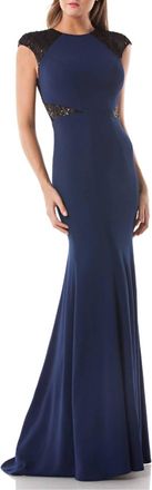 Carmen Marc Valvo Sequin Trim Crepe Evening Gown In Navy