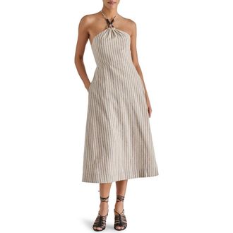 Steve Madden Mary Beth Ticking Stripe Linen & Cotton Halter Midi Dress in Ivory/black at Nordstrom Rack, Size Xx-Large