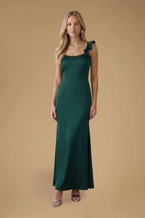 Oasis Womens Emerald Ruffle Square Neck Satin Bridesmaid Maxi Dress - Size 16 UK