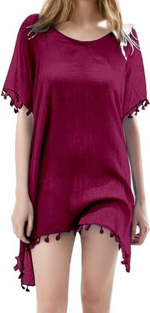 Generic Women Bathing Suit Cover Up Tassel Swimsuit Coverup Short Sleeve Beach Cover Ups Dress V Neck Beach Wear Swimming Costume Women Brick Red