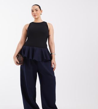 Asos Curve pantaloni sartoriali a vita bassa con sovragonna blu navy-Nessun colore