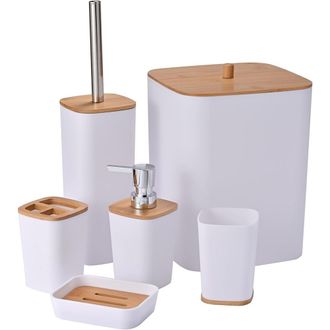 Trade Shop Trade Shop - Conjunto De Ba&ntilde;os Ba&ntilde;o Bambo 6pcs Moderno Banner Black Barbage Sapon Dispensador - Blanco