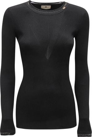 Elisabetta Franchi Geribbelde Trui met Juweel Logo - Dames - Ronde hals truien - Zwart - M - Nylon - Truien & Vesten