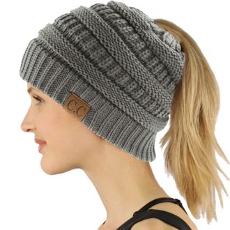 C.C Exclusives Soft Stretch Cable Knit Messy Bun Ponytail Beanie Winter Hat for Women (MB-20A), Solid Lt. Melange Gray, One Size