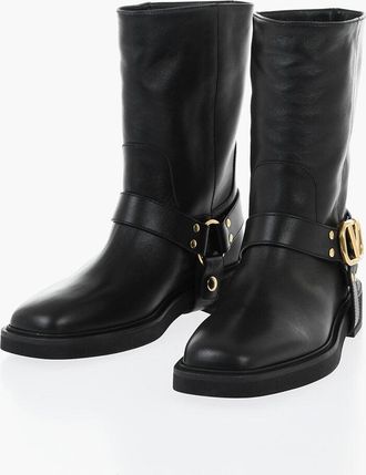 Valentino Stivaletti Biker in Pelle con Cinturino Logato Valentino