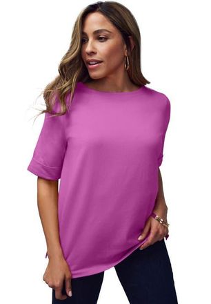 Jessica London Stretch Cotton Cuff Tee in Deep Orchid Feeder Stripe at Nordstrom, Size 24