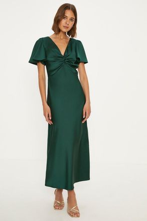 Oasis Womens Satin Twist Front Angel Sleeve Midi Bridesmaids Dress - Emerald material_polyester - Size 16 UK