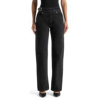 Mani&egrave;re De Voir Loane Twist Leg Boyfriend Jeans With Waist Adjuster in Washed Black at Nordstrom, Size 12