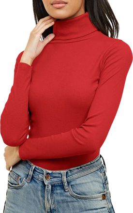 Re Tech UK Ladies Plain Ribbed Cotton Polo Turtle Roll Neck Tunic Top Jumper Full Sleeve, Red, L/XL 16-18 Plus Size