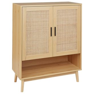 Beliani Aparador 2 Puertas De Rat&aacute;n Frente De Mimbre Con Estante Estilo Boho Almacenaje Madera Claro Perote