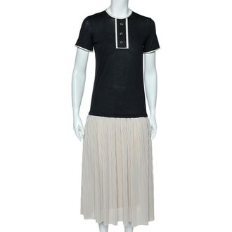 Carolina Herrera Black & Beige Cotton & Silk Plisse Detail Midi Dress
