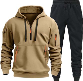Generic Tracksuit Mens Full Set With Zip Pockets Hooded Sweatshirt and Sweatpants Set Autumn Winter Warmth Hoodie Joggers Sets 2 Piece Comfortable Sweatsuits 