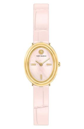 Tory Burch The Oval Leather Strap Watch, 22mm x 28mm in Pink at Nordstrom