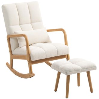 OEM Silla Mecedora Con Reposapi&eacute;s Tapizado En Boucl&eacute; Coj&iacute;n Acolchado Y Reposabrazos Y Patas De Madera Carga 120 Kg Blanco