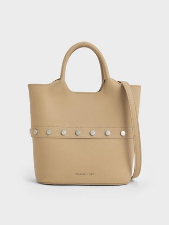 Charles & Keith Bobbie Twill Studded Convertible Two-Way Bucket Bag