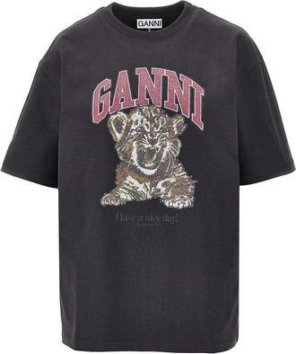 Ganni Cotton T-shirt with Tiger print Woman XS