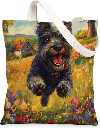 Generic Spring Scottish Terrier Dog Canvas Tote Bag for Shopping 13x15, Country Garden Puppy Reusable Grocery Print Pattern Bag for Women, Fun Flower Pet Beac