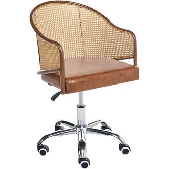 Beliani Silla De Oficina Retro De Piel Sint&eacute;tica Respaldo De Rat&aacute;n Sint&eacute;tico Trenza Vienesa Giratoria Ajustable Marr&oacute;n Redding