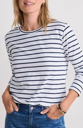 Vineyard Vines Long Sleeve Crewneck T-Shirt in Stripe- White/navy at Nordstrom, Size Xx-Small