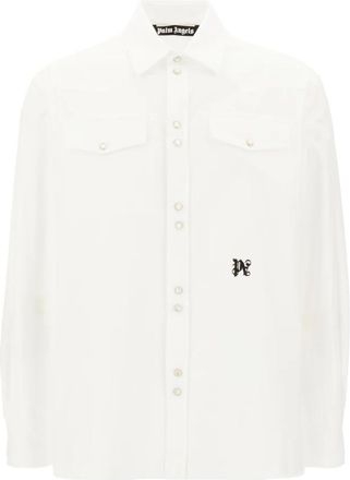 Palm Angels Monogram Geborduurd Katoenen Overhemd - Heren - Casual Overhemden - Wit - S - Katoen - Overhemden