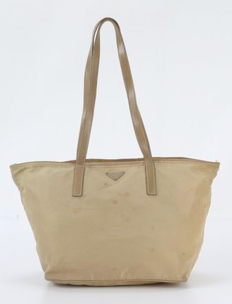 Prada Beige Leather Nylon Handbag Shoulder Bag Tote Bag (Pre-Owned)