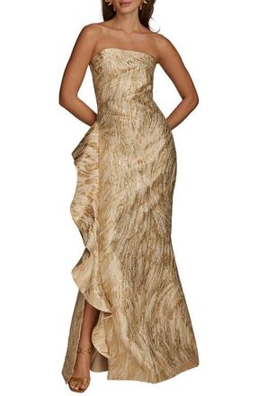 DKNY Metallic Ruffle Detail Strapless Gown in Champagne at Nordstrom, Size 12