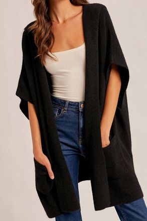 Hem & Thread Hooded Sweater Poncho In Black