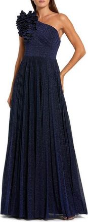 Mac Duggal Petite Pleated Metallic One Shoulder Gown With Ruffle in Midnight at Nordstrom, Size 12