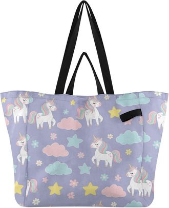 Generic Unicorn Clouds Purple pattern Reusable Canvas Tote Bag, Heavy Duty Grocery Shopping Bag with Hard Bottom Large Capacity Double Handles Work Groceries 