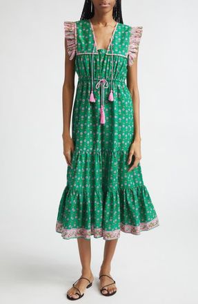 Mille Esme Mixed Print Tassel Tie Cottton Midi Dress in Jelly Bean at Nordstrom, Size X-Small