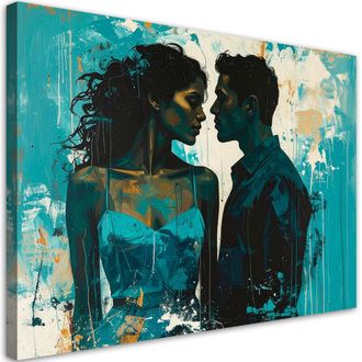 Feeby Impresi&oacute;n De Imagen Siluetas De Amantes En Una Composici&oacute;n Turquesa Dorada 100x70