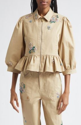 Cinq &agrave; Sept Daphne Rhinestone Paisley Jacket in Khaki at Nordstrom, Size Xx-Small