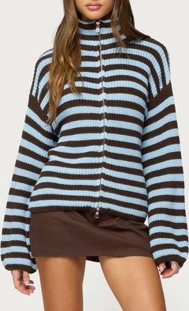 Edikted Stripe Mock Neck Zip Sweater in Brown at Nordstrom, Size X-Small