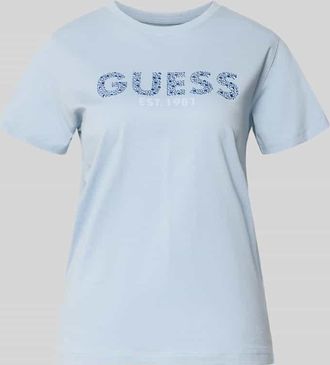 Guess T-Shirt mit Label-Print und Strasssteinbesatz in Bleu, Gr&ouml;&szlig;e XL