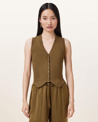 AllSaints Viscose Cruz Ribbed Knitted Waistcoat, Size: L