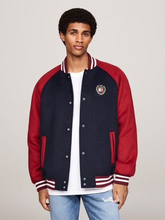 Tommy Jeans Bomberjacke TOMMY JEANS TJM WOOL BLEND CREST BOMBER, Herren, Gr. XXL, bunt (schwarz night navy, regatta rot), Obermaterial: 80% Polyester, 20% Wolle, 