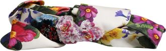 Dolce & Gabbana White Multicolor Floral Silk Bow Crystal Embellished Womens Headband